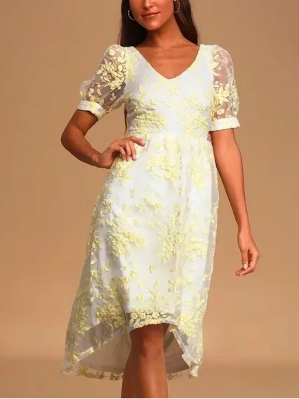 Lulu's Pale Yellow Floral High-Low V-Neck Dress